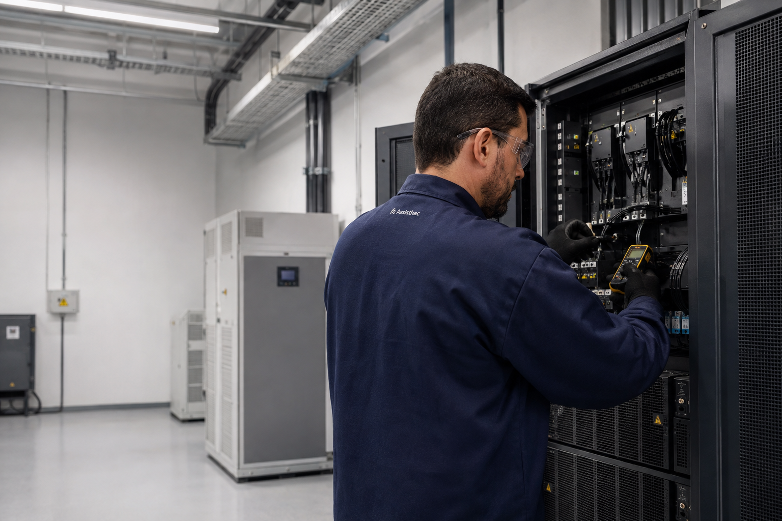 Técnico da Assisthec trabalhando em um sistema de proteção de energia